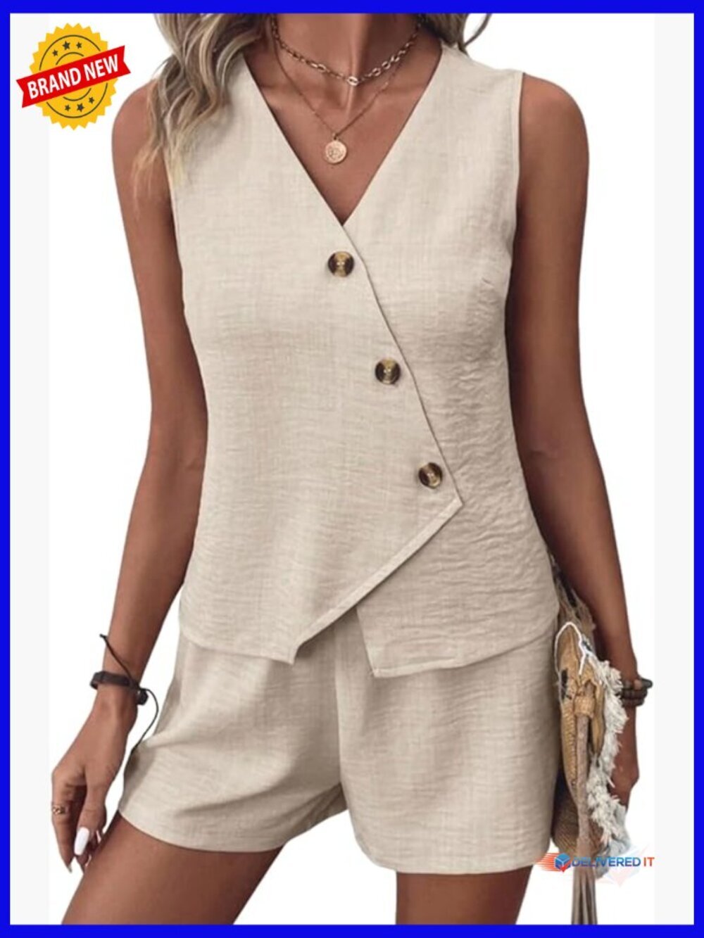 Womens 2 Piece Short Sets Summer Sleeveless V Neck Button Vest High Waist